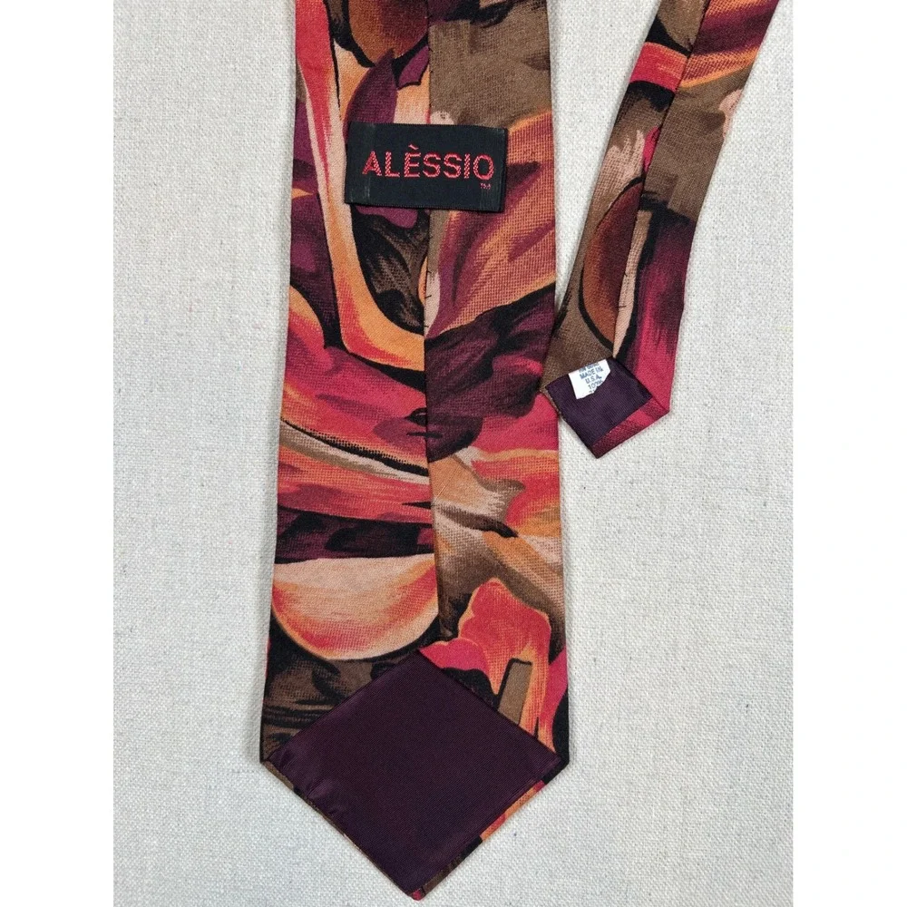 Alessio Mens Silk Tie Abstract Floral Burgundy Orange Tan Made in USA 3.75 Inch
